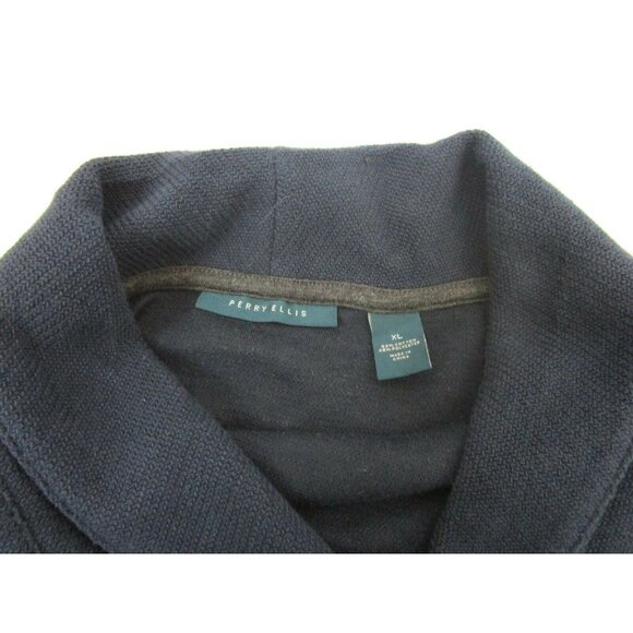 Perry Ellis Mens Sweater Sz XL Navy Blue Shawl Collar Long Sleeve Elbow Patches - Picture 4 of 7